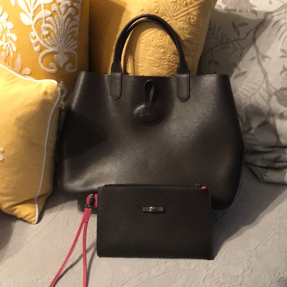 Longchamp Dark Brown Tote with Pink Accents